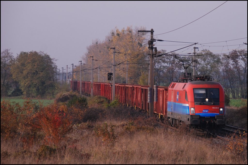 Am 04.11.2011 bespannte die 1116 010  RCH  einen Gterzug Richtung Osten und durchfuhr um 14.30 Gramatneusiedl.