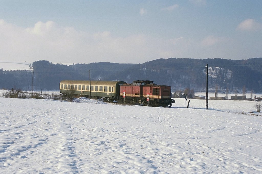 Am 06.02.1996 ist 201 868 mit RB8659 unterwegs zwischen Saalburg und dem Hp Kloster. (KB-Dia)