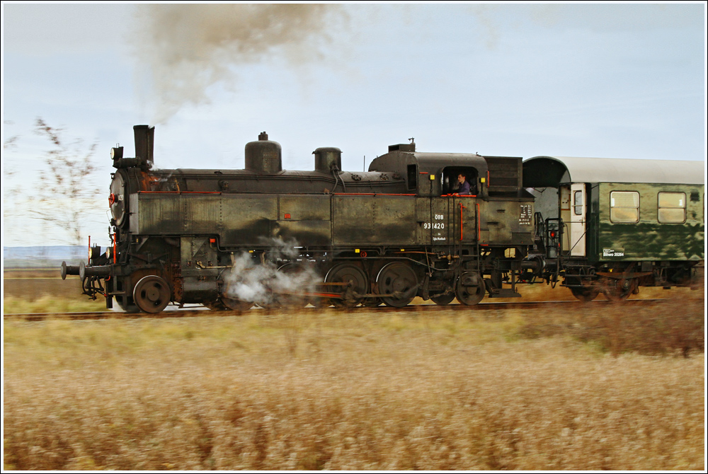 Am 10.12.2011 gab es im Pulkautal(Retz-Zellerndorf-Laa/Thaya-Mistelbach) einen Fotosonderzug.Bespannt wurde der Zug mit der Dampflok 93.1420 vom Verein Neue Landesbahn.Hier ein Mitzieher nahe Wulzeshofen
