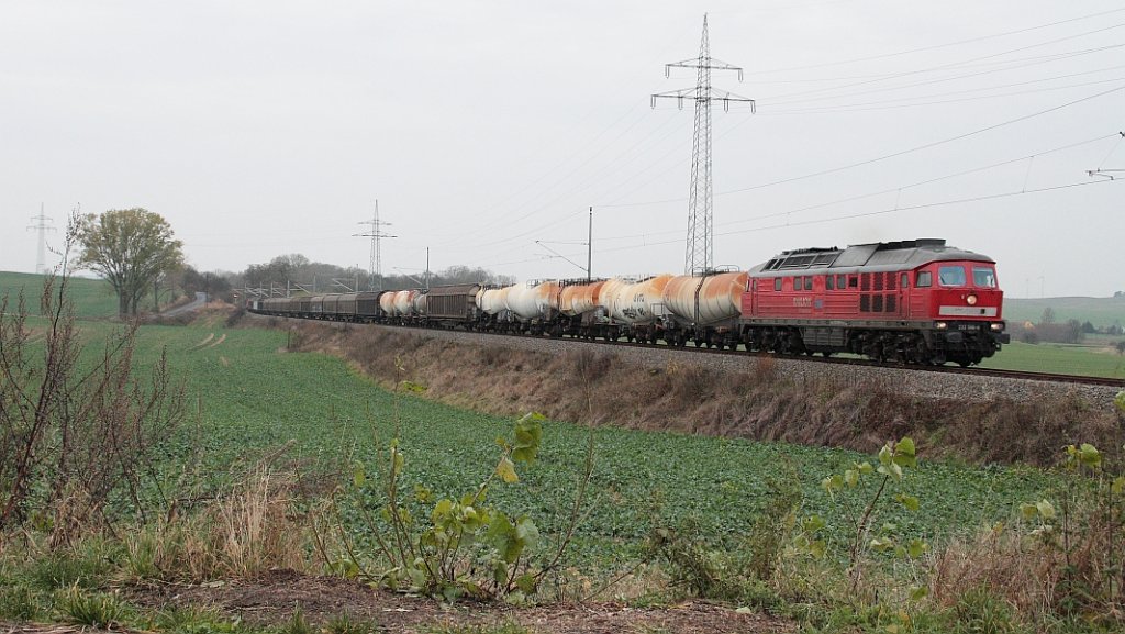 Am 13.11.2009 ist 232 568 auf dem Weg zu den Papierwerken Schwedt, festgehalten in Mrow-Oberdorf.