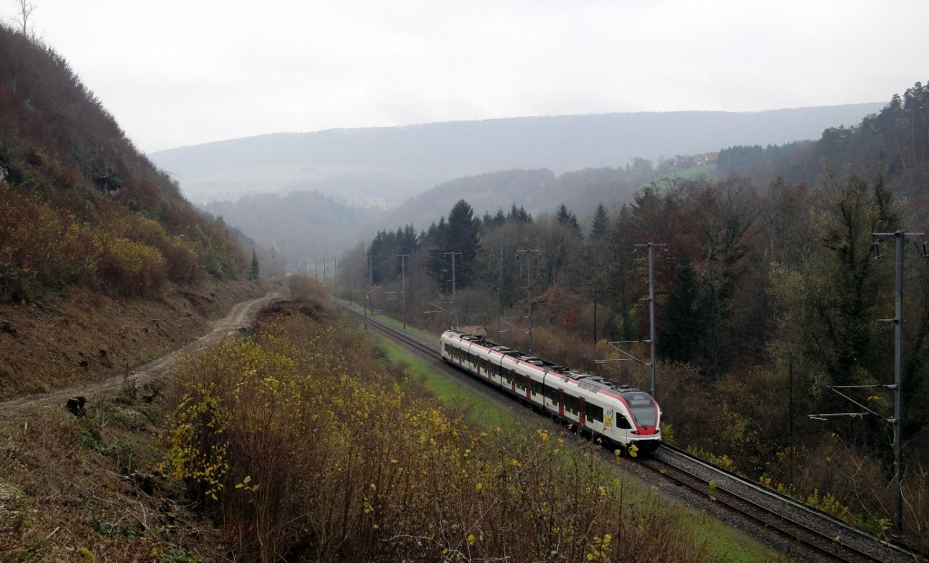 Am 13.11.2012, einem typischen Novembertag, ist ein RABe 521 als S3 nach Porrentruy zwischen Grellingen und Zwingen unterwegs.