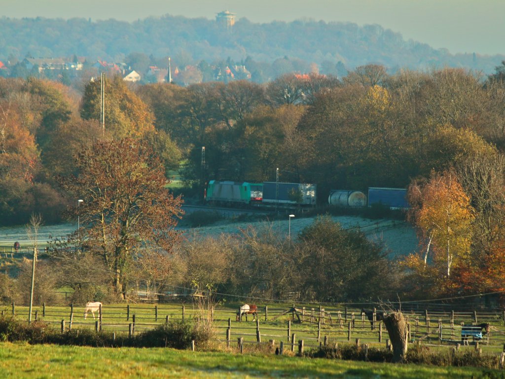 Am 15.11.2011 rollt eine Cobra mit einem gemischten Gterzug von Belgien kommend die Rampe der Montzenroute vom Gemmenicher Tunnel nach Aachen West runter. 