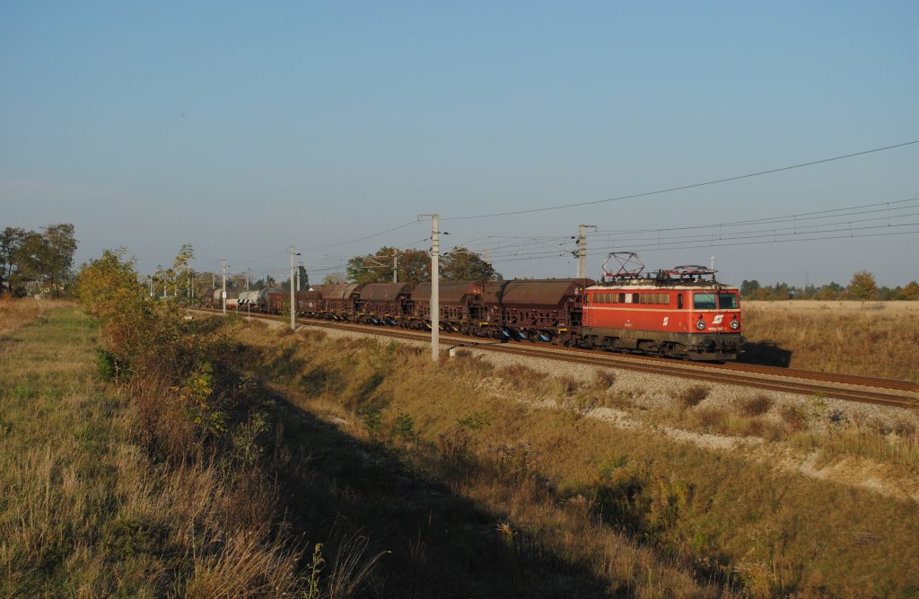 Am 18.10.2011 gab sich 1042.007 die Ehre am NG 64203 von Laa a. d. Thaya nach Wien Zvbf. Hier kurz nach der Haltestelle Kapellerfeld.