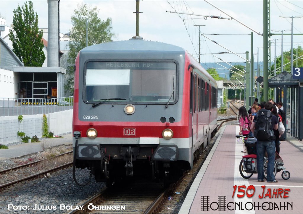 Am 19.5.2012 fuhr 628 264 als RE Richtung Heilbronn und kam auch durch den �hringer Hauptbahnhof auf Gleis 3