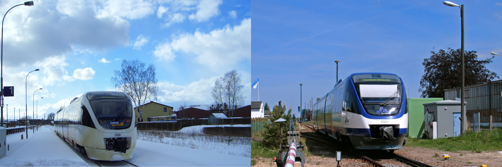 Am 24.01.2005 fuhr der Triebwagen 0006 noch in weier Grundfarbe der OME, am 14.05.2008 mit  aktueller ,,Flotten  Farbe.
