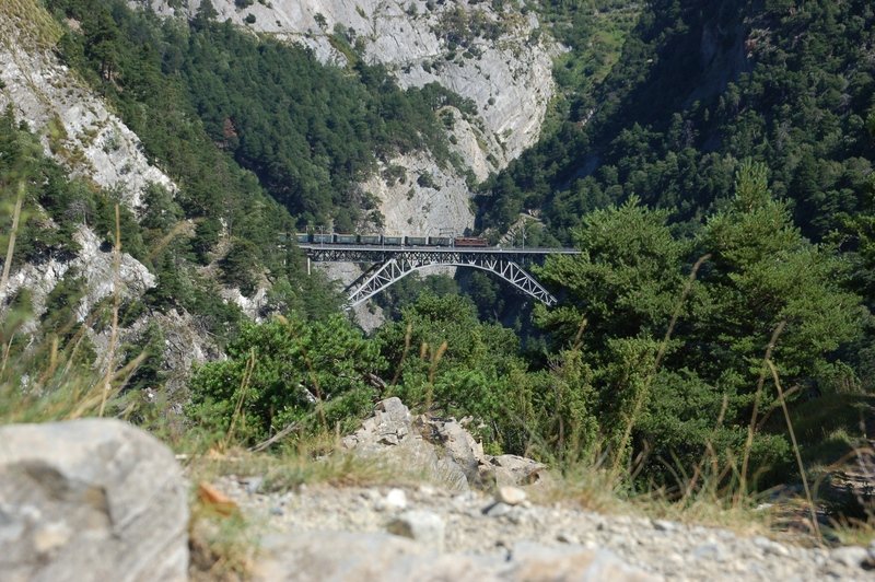 Am 25. Juli 2009 fuhr ein Gterzug mit einer Lokomotive der Baureihe Re 425 der BLS auf dem Bietschtalviadukt in Richtung Brig.