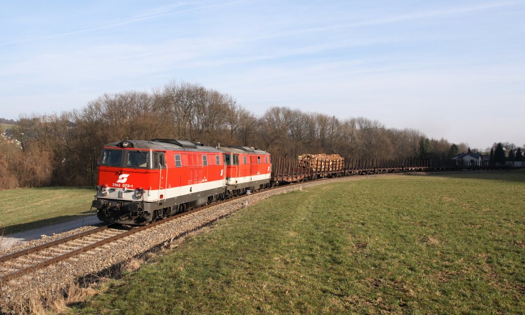 Am 25.03.2011 wurde der VG 72052 nach St. Aegyd mit einem Tandem bestehend aus 2143.073 und 2143.034 bespannt. Auch das kommt in letzter Zeit fter vor! Hier zwischen Kreisbach und Gblasbruck
