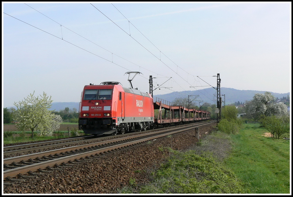 Am 26.04.2008 stehen die Bume entlang der Bergstrae in schnster Blte - dessen unbeeindruckt bringt 185 251 eine Ladung leerer Autotransportwagen nach Bad Friedrichshall-Jagstfeld, als sie mit ihrem Zug gerade Ltzelsachsen passiert.