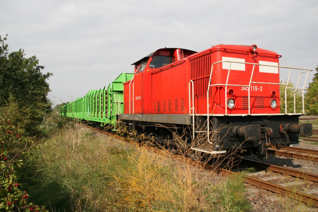 Am 27.09.2006 rangiert eine Lok ber BR V 60 der ehemaligen Deutschen Reichsbahn im Bahnhof von Hagenow Stadt ihren Holzzug.