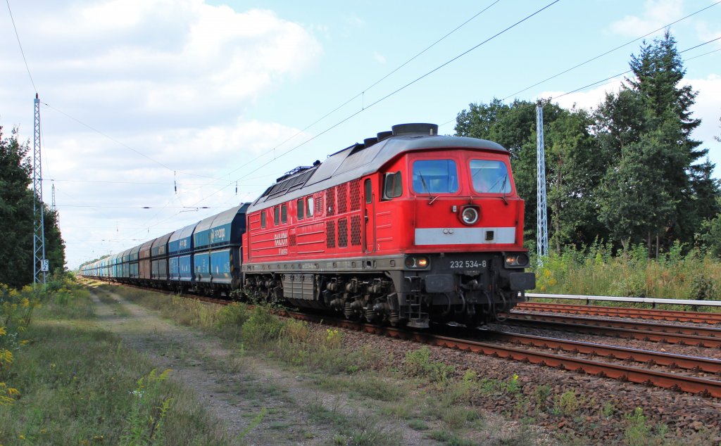 Am 27.August 2012 war 232 534 mit einem Kokszug bei Berlin-Friedrichshagen auf dem Weg Richtung Frankfurt/Oder.