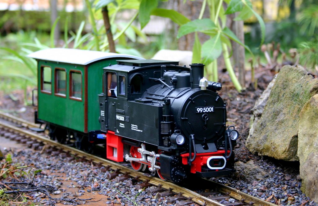 Am 29.03.2008 zieht die  kleine Dicke   99 5001 , allerdings als LGB Modell ihre 
Runden. Da  der Osterreiseverkehr nur minimal ist reicht  ein   Fantasiepersonenwagen   Das Orginal tat ihren Dienst bei der Sprembeger Stadtbahn und kam spter zur Harzquerbahn als Rangierlok.