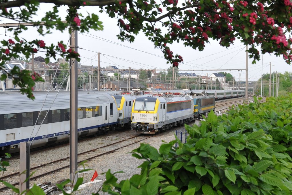 Am 29/04/2011 hat HLE 2142 den neuen EuroSprinter 1804 nach Welkenraedt gebracht, und drckt ihn nun auf das Abstellgleis. Verdeckt daneben steht 1802 mit dem Steuerwagen eines IC.