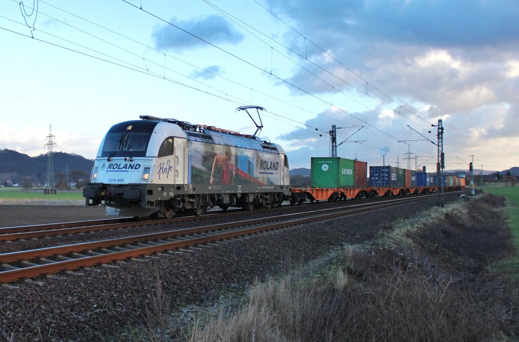 Am 2.Februar 2013 befhrt WLC 1216 955  Roland  die KBS 350 bei Godenau mit DGS 43950 von Enns/A nach Hamburg-Waltershof.