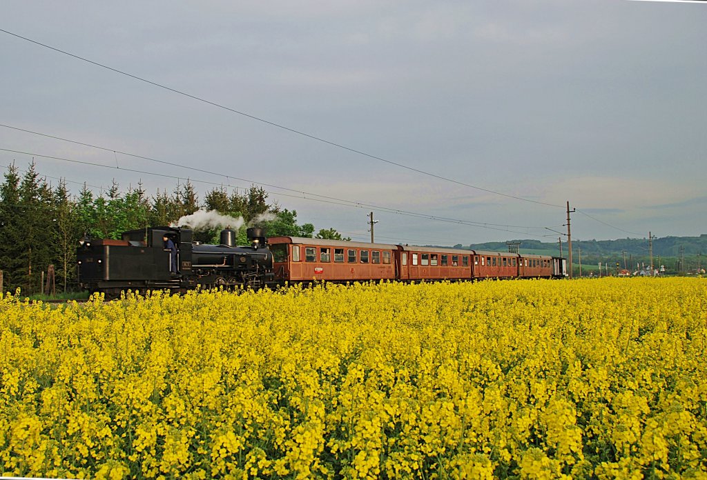 Am 2.Mai 2010 bespannte die Mh.6 den ersten Dampfpanoramic leit langer Zeit. Das Foto zeigt sie kurz vor ihrer Endstadtion Ober Grafendorf. Dort wird die 1099.002 den Zug bernehme und nach St.Plten ziehen.