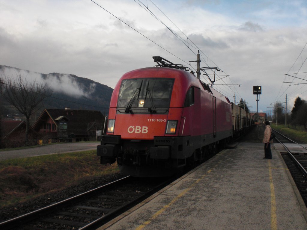 Am 31. Mrz 2010 zieht 1116 183-3 einen Gterzug durch Steindorf a. Ossiacher See in Richtung Feldkirchen.