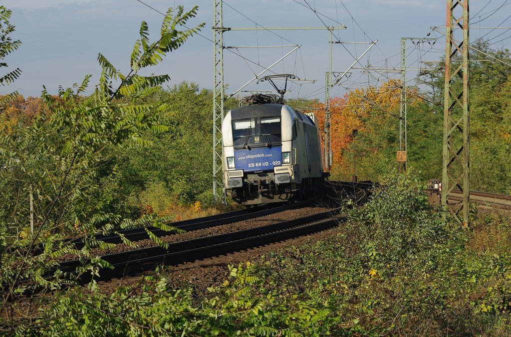 Am 31.10.2010 war der Herbst mit seiner Farbvielfalt noch nicht allerorten eingezogen. ES 64 U2-022 in der Nordkurve vor Eichenberg in Fahrtrichtung Sden.