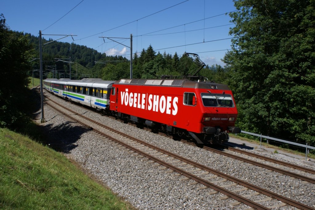 Am 31.7.10 nhert sich der Voralpen-Express  2413 mit der neu gestalteten Re 456 094-2 Degersheim.