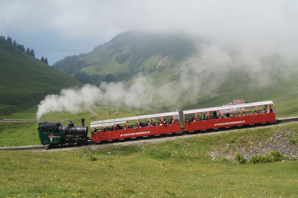 Am 31.7.11 fhrt die H 2/3 15 vom Brienzer Rothorn talwrts Richtung Brienz. Das Bild wurde oberhalb von Planalp aufgenommen.