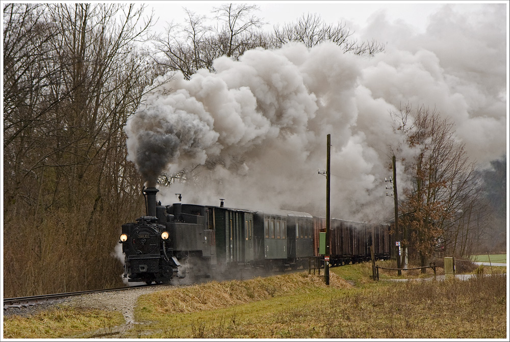 Am 6.Jnner 2012 dampfte die 298.102 fr eine Gruppe von Fotografen mit einem GmP durch das Steyrtal. Hier durch die Hst. Rosenegg.
