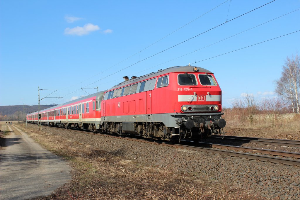 Am 7.April 2013 war 218 455 mit einem RE bei Burgstemmen (KBS 350) auf dem Weg Richtung Elze.