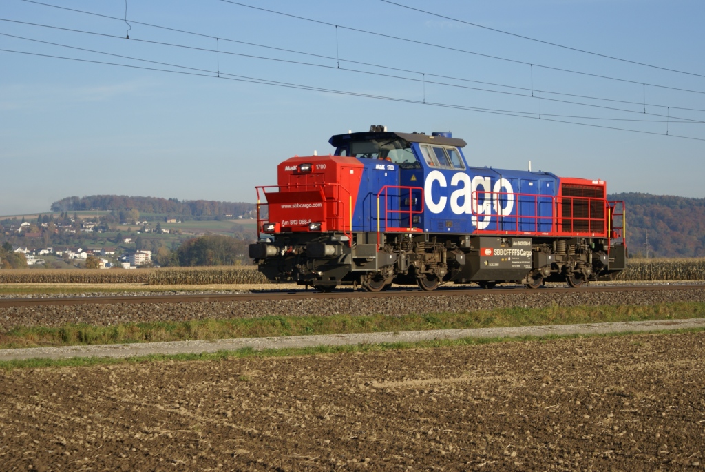 Am 843 068-8 am 31.10.10 auf Solofahrt bei Dottikon-Dintikon.