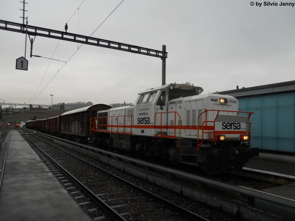 Am 843 153-8 ''Cinderella'' am 10.12.2011 in Niederwenigen. Derzeit ist diese Lok an SBB-Cargo vermietet und an diesem trben Samstag mit einer Rbenabfuhr beschftigt.
