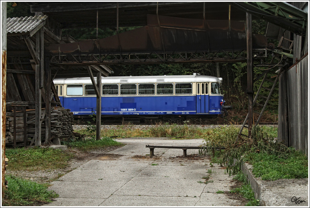 Am der alten Sge in Gsteinedt vorbei, fhrt der Uerdinger Schienenbus 5081 001 als Fotozug auf der Museumsstrecke von Timelkam nach Ampflwang. Gsteinedt 29.9.2012