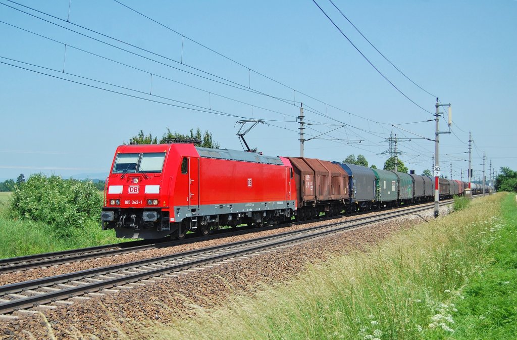 Am Nachmittag des 12.06.2010 ist die 185 343
mit einem gemischten Gterzug bei Marchtrenk
zu sehen gewesen.