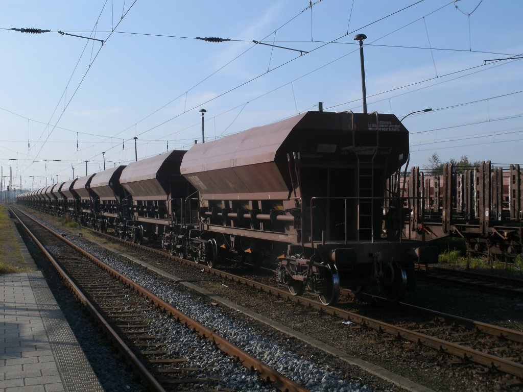 Am Nachmittag,vom 22.Oktober 2011,standen die leeren franzssischen Facs-Wagen zusammengestellt in Bergen/Rgen,whrend die Zuglok,hvle V330.2 die restlichen Wagen nochzusammenstellte.