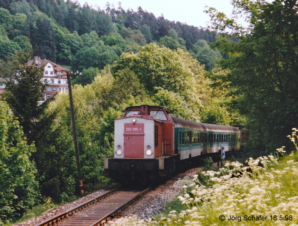 Am sdlichen Stadtrand von Leutenberg kreuzt ein Feldweg die Bahnlinie bei km 4,7. Dort wurde 202 385 am 18.5.98 mit ihrer Regionalbahn nach Saalfeld fotografiert. 