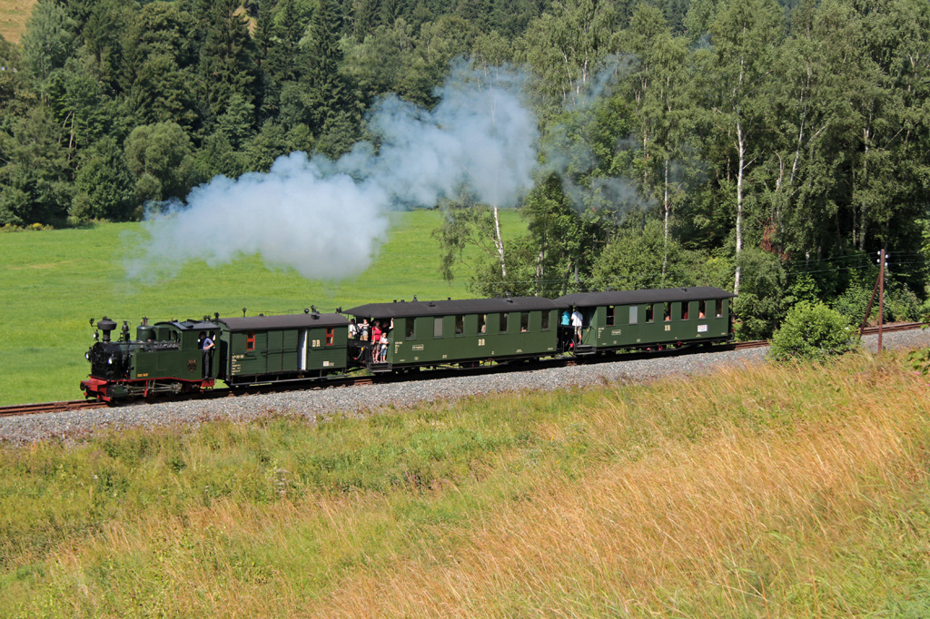 Am Wochenende 10./11.08. bernahm die I K Nr.54 den planmigen Zugeinsatz auf der Prenitztalbahn, hier am 10.08.2013 zwischen Forellenhof und Schmalzgrube.