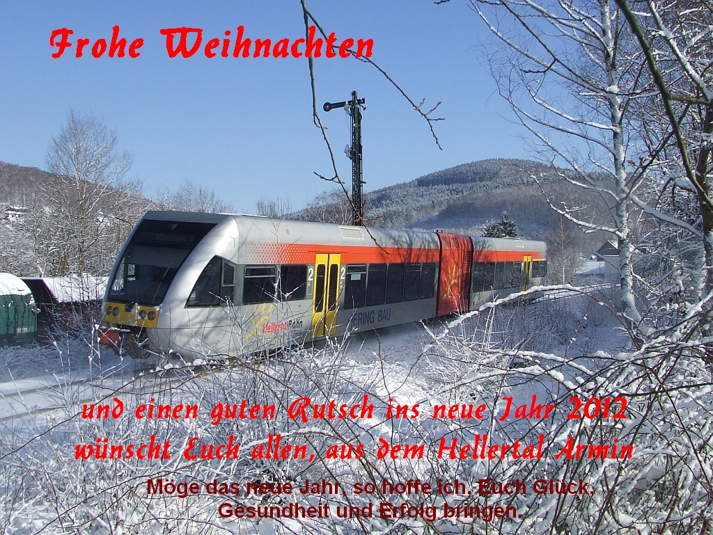An alle Usern und deren Familien an dieser Stelle besinnliche und frohe Weihnachten und einen guten Rutsch ins neue Jahr.
Vielen Dank fr alle kritischen und lobenden Kommentare, sowie fr die Tipps und Tricks.
---Zum Bild:
GTW 2/6 der Hellertalbahn am 14.02.2009 zwischen Struthtten und Herdorf, KBS 462 - Hellertal (Dillenburg-Haiger-Neunkirchen-Herdorf-Betzdorf). In Betzdorf besteht dann der Anschlu an den RE 9 Rhein-Sieg-Express (KBS 460 - Siegstrecke) Aachen-Kln-Siegen. 