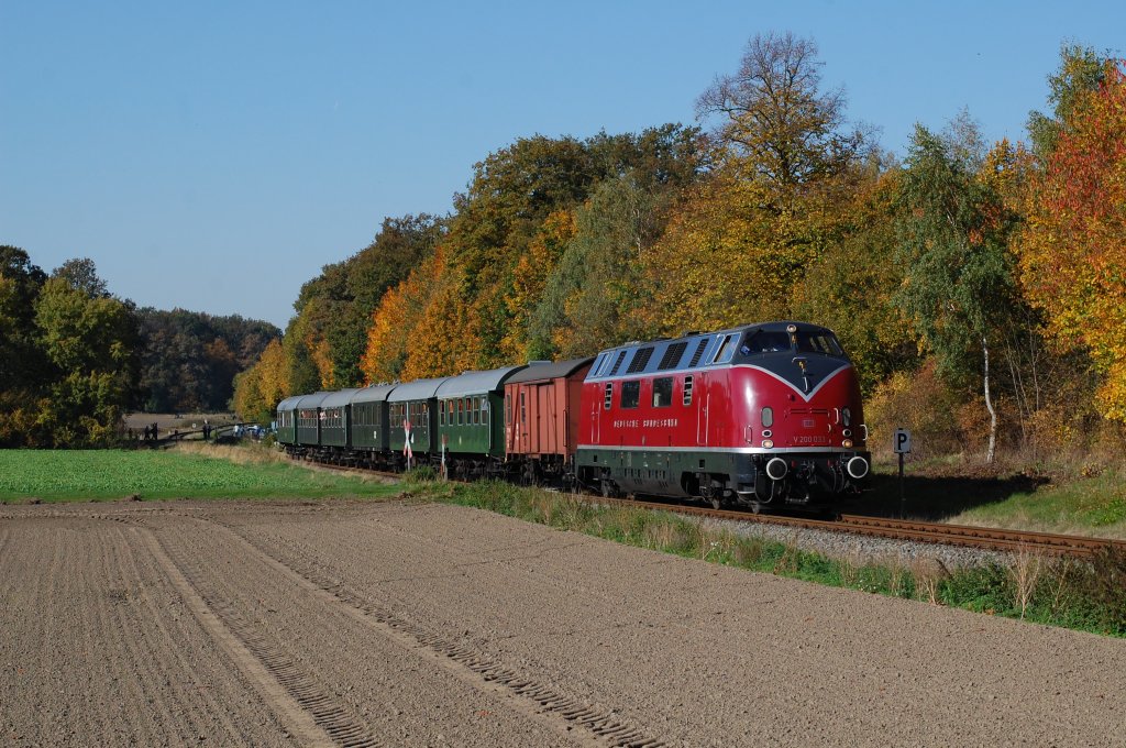 Anlsslich 125  Jahre  Warendorfer  gab es am 21.10.2012 Planfahrten mit hist. Zugeinheiten. V 200 033 ist mit DPE 24304 von Mnster nach Rheda-W´brck in der herbstlichen mnsterlnder Landschaft zwischen Telgte und Raestrup-Everswinkel unterwegs.
