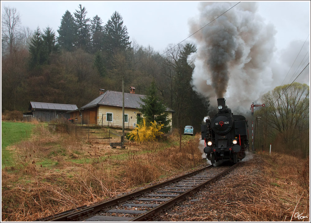 Anlsslich der Streckenbernahme durch die Traisental-Glsental GmbH, gab es heute den Nostalgiesonderzug SR 14602 von St.Plten Hbf nach St. Aegyd am Neuwalde.Gezogen wurde dieser Zug von der 93.1420, hier zu sehen beim Formsignal  nahe Freiland. 
15.4.2012

