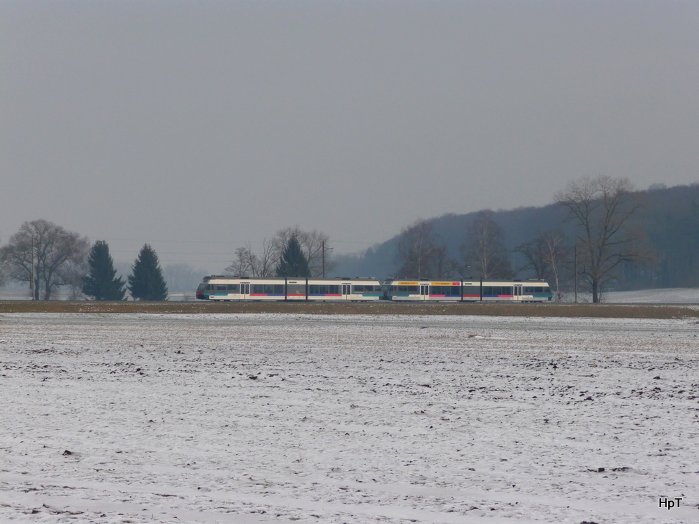 asm Seeland - Triebwagen be 2/6 506 und Be 2/6 507 unterwegs bei Lscherz nach Ins am 09.02.2012