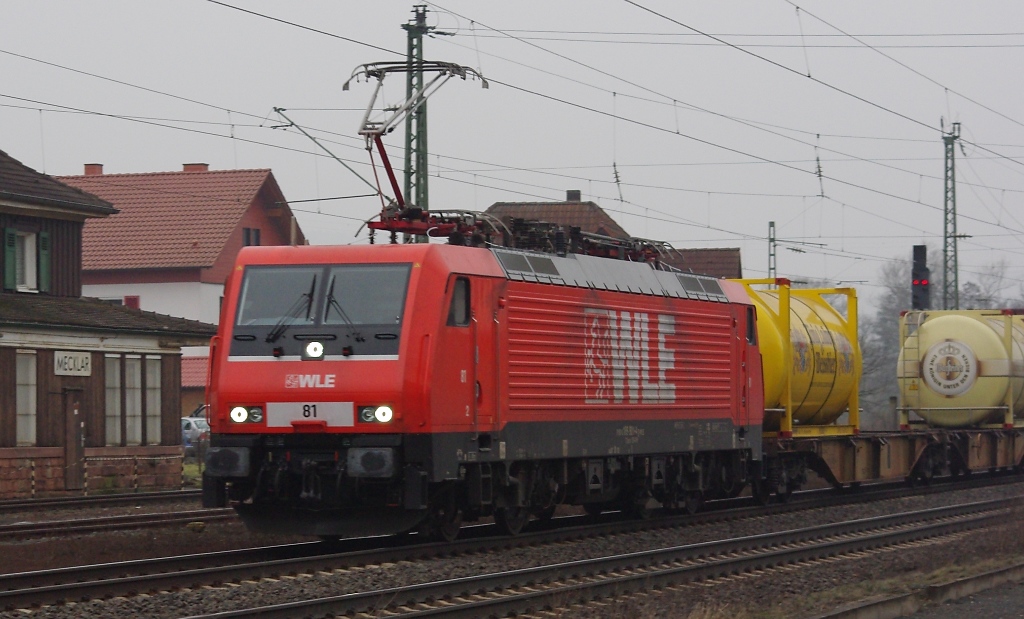 Auch der Bierzug kam am Morgen des 19.02.2011 wieder zur verlsslichen Zeit. Diesmal wieder gezogen von der WLE 81 (189 801-4)in Richtung Bebra. Aufgenommen in Mecklar.