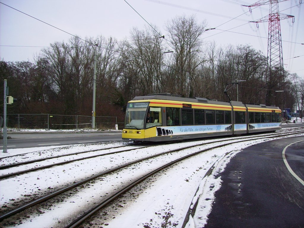 Auch im Dixiland (Daxlanden) gab es am 19.01 des Jahres 2013 etwas der weien Pracht und so kam ganz unscheinbar auch Tw 255 der VBK um´s Anker-Eck, um die Karlsruher zum Winterspaziergang auf ihre Halbinsel Rappenwrt zu bringen.
