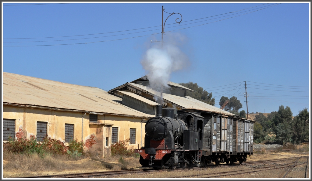 Auch Gterwagen werden auf dem Gelnde des Bahnhofs Asmara von der 202.002 verschoben. (31.01.2012)