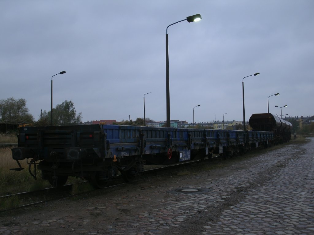 Auf dem einzigen,genutzten Ladegleis in Stralsund stand am 01.November 2012:zwei Res und vier Fcswagen.
