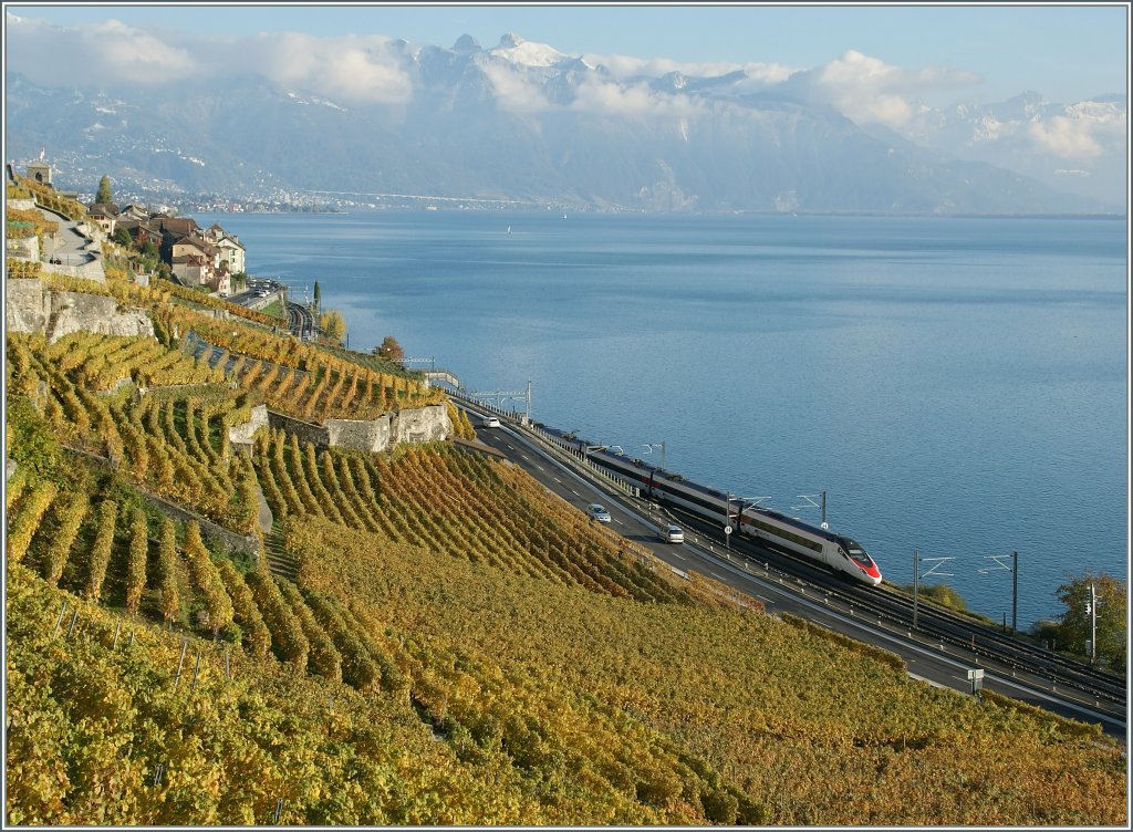 Auf dem Weg nach Milano schlngelt sich ein SBB ETR 610 zwischen den Weinreben und dem See entlang. 29. Oktober 2012