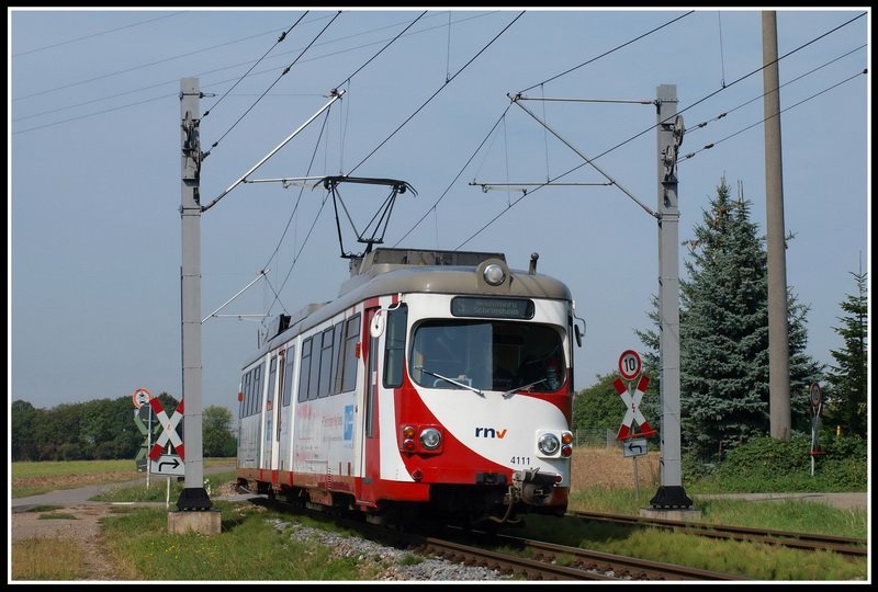 Auf dem Weg Richtung Heidelberg ist Wagen 111 am 7.9.2009 zwischen Edingen und Wieblingen unterwegs.