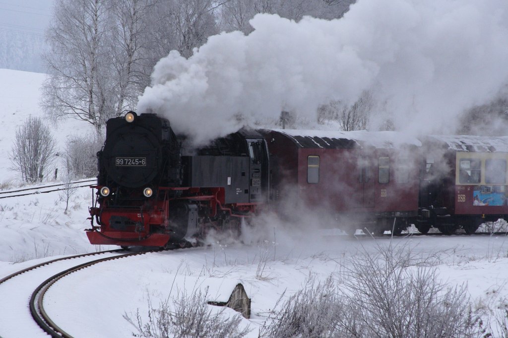 Auf diesem Bild hat 99 7245 am 26.01.2013 mit dem Quedlinburger Brockenexpress die Stieger Wendeschleife bereits zur Hlfte durchfahren und nhert sich langsam mit Zischen, Quietschen und Knarren einem wahren  Wald  aus Fotografen, welche diesem seltenen Ereignis beiwohnen.