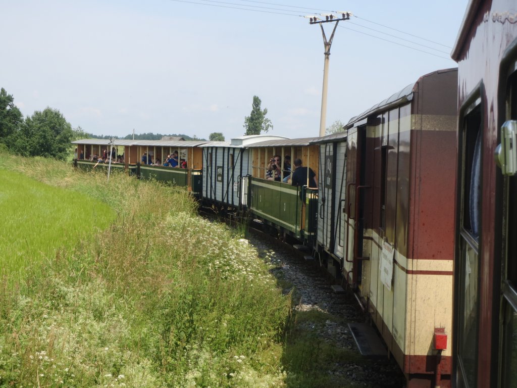 Auf der Fahrt (gezogen von U 57.001) der Schmalspurbahn Rwersdorf (Třemen ve Slezsku) – Hotzenplotz (Osoblaha) am 29.06.2013