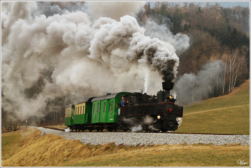 Auf der Feistritztalbahn fhrt die Schmalspurdampflok U8 mit einem Sdz, fr die “The Railway Touring Company” aus England von Weiz nach Birkfeld. 
Parz 6.2.2012
