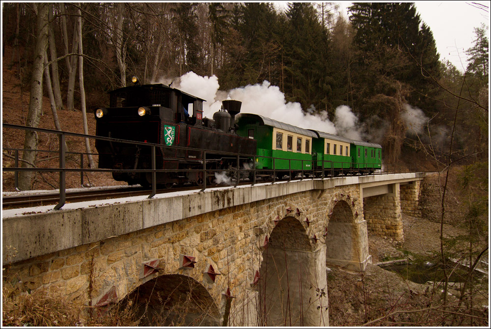 Auf der Feistritztalbahn fhrt die Schmalspurdampflok U8 mit einem Sdz, fr die “The Railway Touring Company” aus England von Birkfeld nach Weiz. 
Peesen 6.2.2012 
