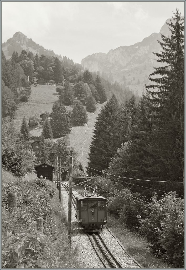 Auf Talfahrt MG HGe 2/2 N° 2 zwischen Crêt-d'y-Bau und Haut-de-Caux.
14. Aug. 12