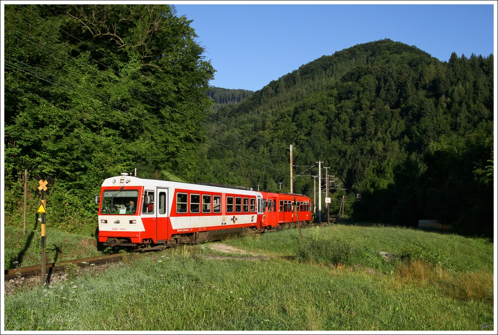 Auf der Talstrecke der Mariazellerbahn, konnte ich den Triebwagen 5090 014, welcher als R 6826 von Laubenbachmhle nach St.Plten, nahe Loich ablichten. 
1.8.2010