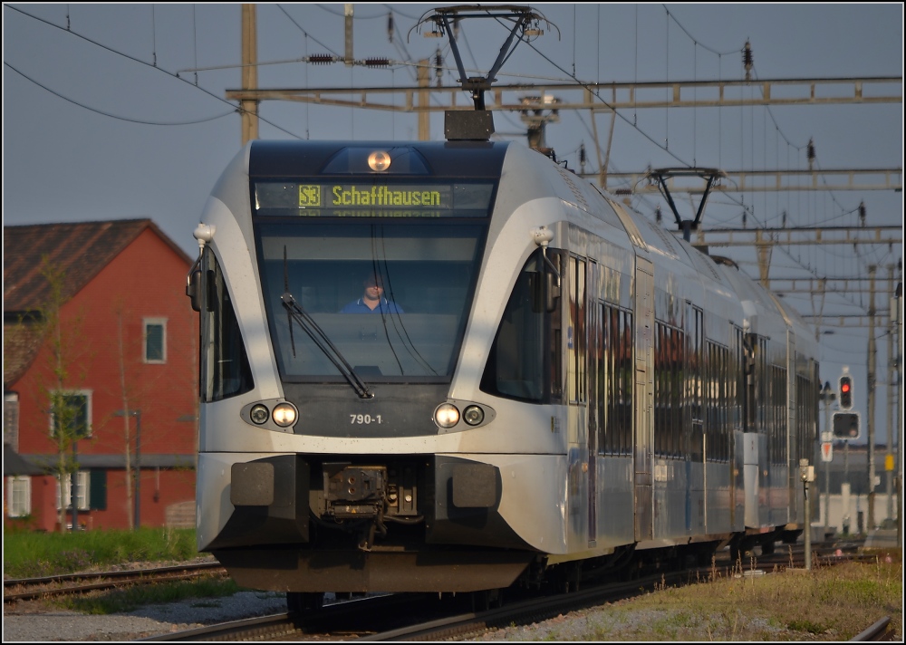 Aus dem Stammland des GTW (I). S3 nach Schaffhausen im kleinen Bahnhof Tgerwilen-Gottlieben. April 2011.