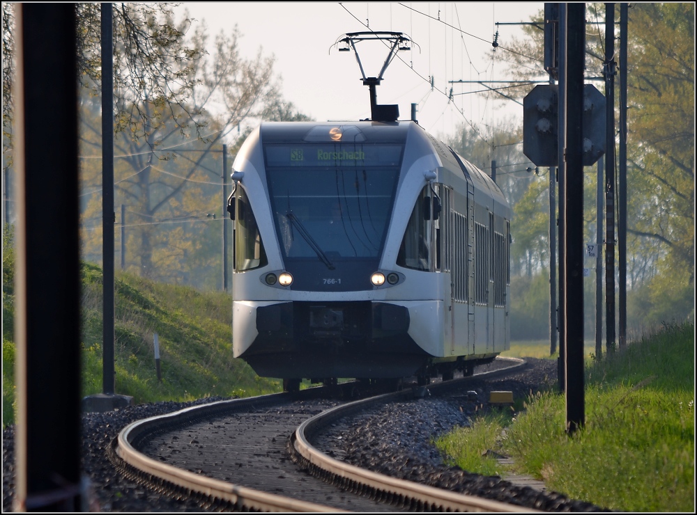 Aus dem Stammland des GTW (II). S8 nach Rohrschach kurz nach Triboltingen. April 2011.