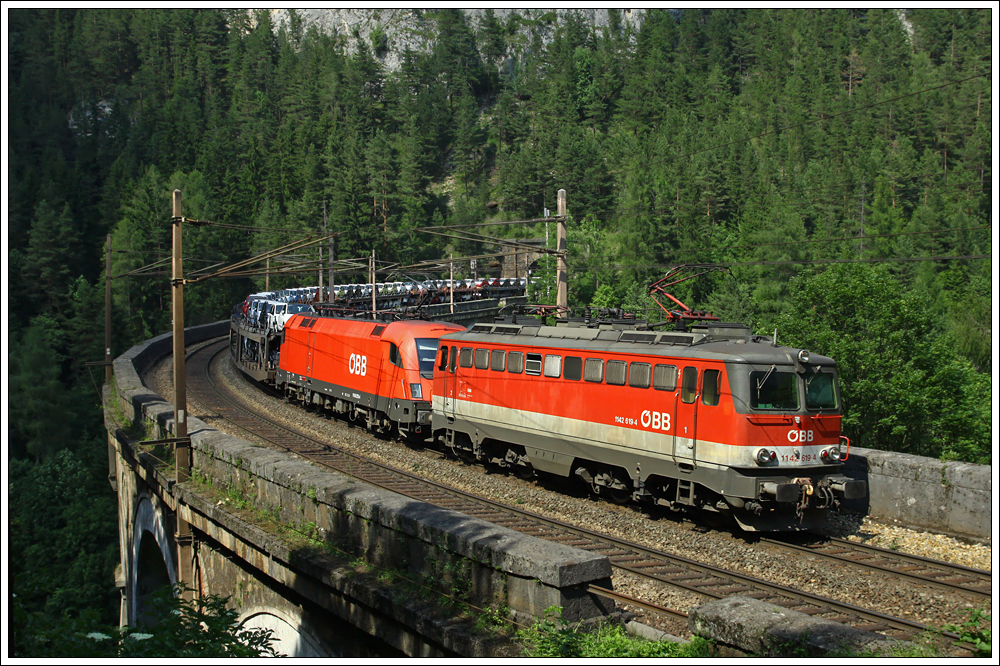 Autozug 46753 (Tychy > Verona Q.E.) am 04. Juli 2010 auf der Kalten Rinne am Weg nach Italien. Traktioniert wurde der Zug mit 1142.619 und der 1116.272, wobei die 1142 nur von Gloggnitz bis Mrzzuschlag Gbf als Vorspann-Tfz diente.